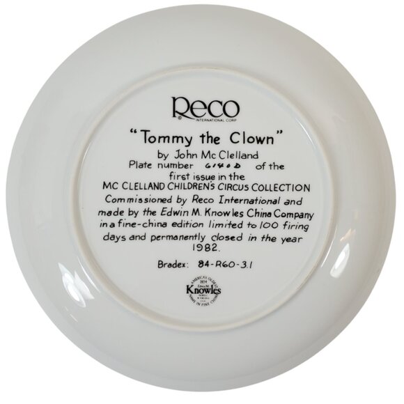 VTG Collector Plate "Tommy the Clown" 1982 Knowles China Co. Circus Decor. 1982 - Picture 2 of 6